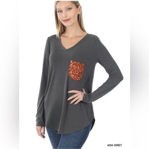 NWT ZENANA LONG SLEEVE V-NECK FRONT SEQUIN POCKET TOP